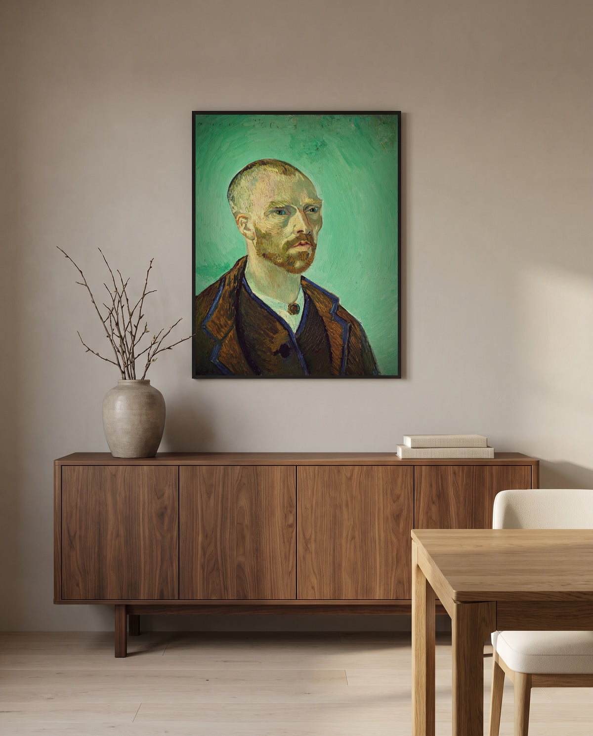 Self-Portrait for Gauguin by Vincent van Gogh in a black frame above a walnut sideboard in a dining room