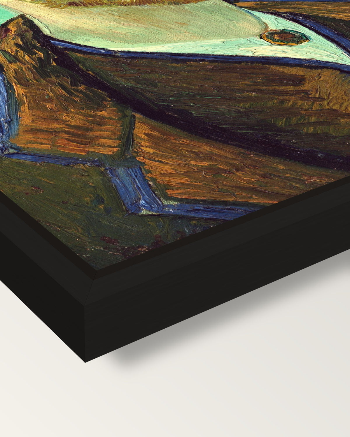 Self-Portrait for Gauguin framed canvas, corner close-up: a black floating frame with a shadow gap round the canvas