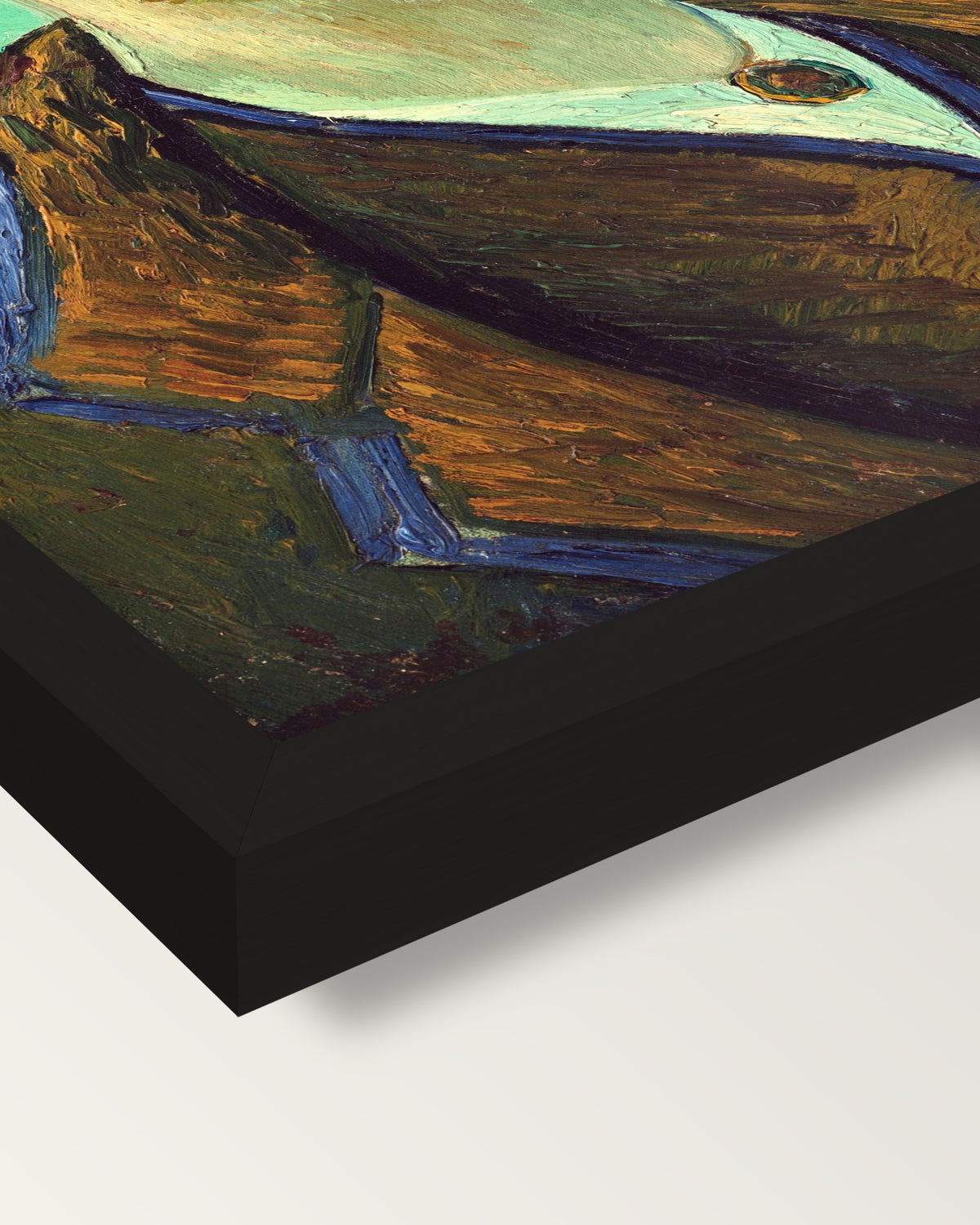 Self-Portrait for Gauguin framed print, corner close-up: black moulding, mitred, the print set just below its edge