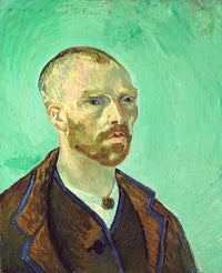 Self-Portrait Dedicated to Gauguin by Vincent van Gogh: the artist with a shaved head and ash-coloured face on pale green