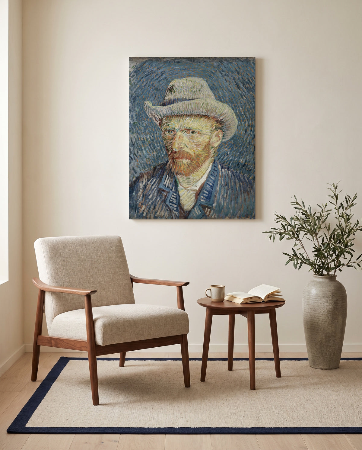 Self-Portrait with Grey Felt Hat by Vincent van Gogh as a stretched canvas above a linen lounge chair in a reading corner