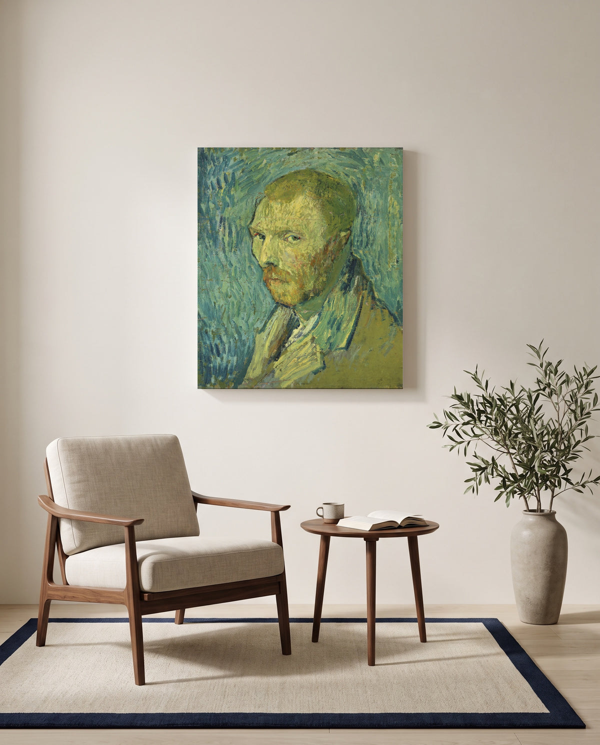 Self-Portrait, Oslo by Vincent van Gogh as a stretched canvas above a linen lounge chair in a reading corner