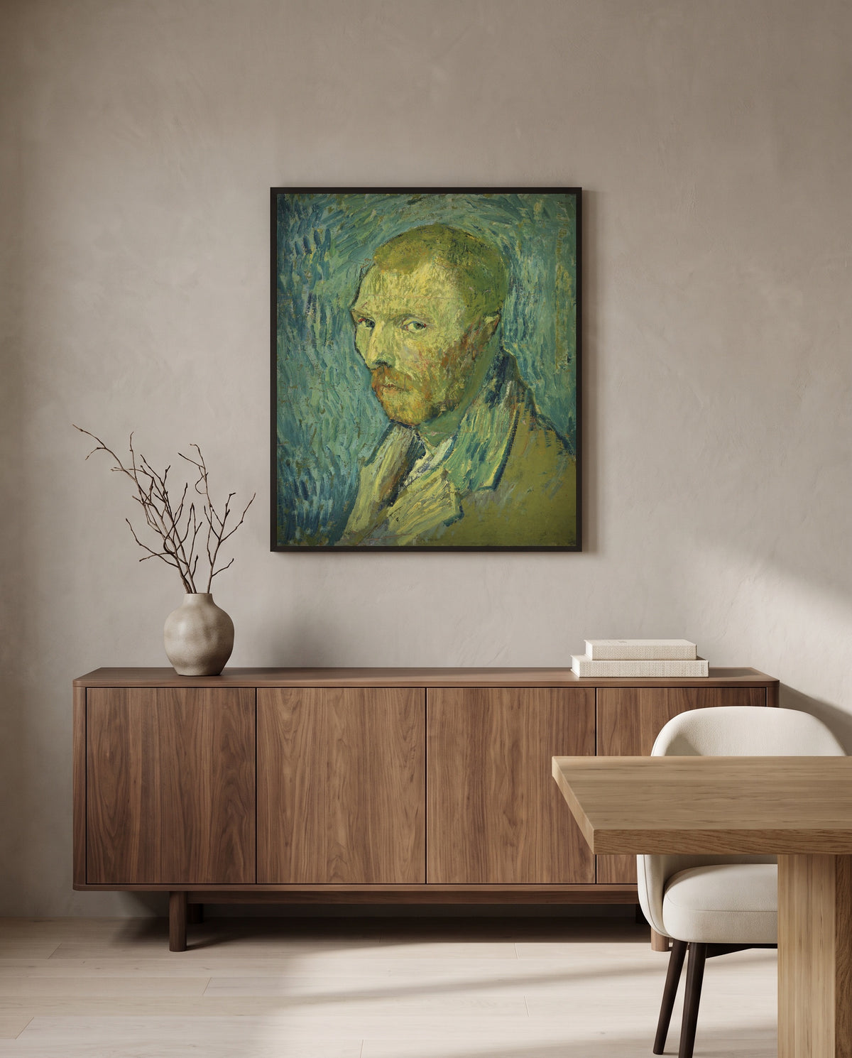 Self-Portrait, Oslo by Vincent van Gogh in a black frame above a walnut sideboard in a dining room