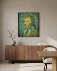 Self-Portrait, Oslo by Vincent van Gogh in a black frame above a walnut sideboard in a dining room