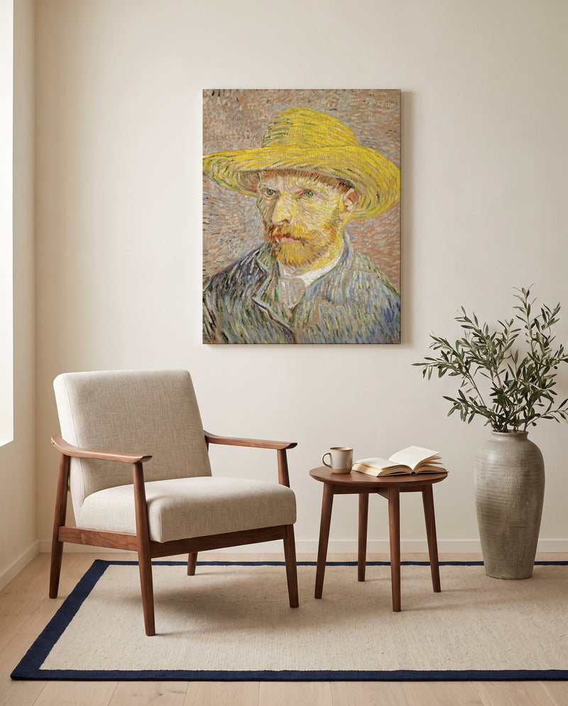 Self-Portrait with a Straw Hat by Vincent van Gogh as a stretched canvas above a linen lounge chair in a reading corner