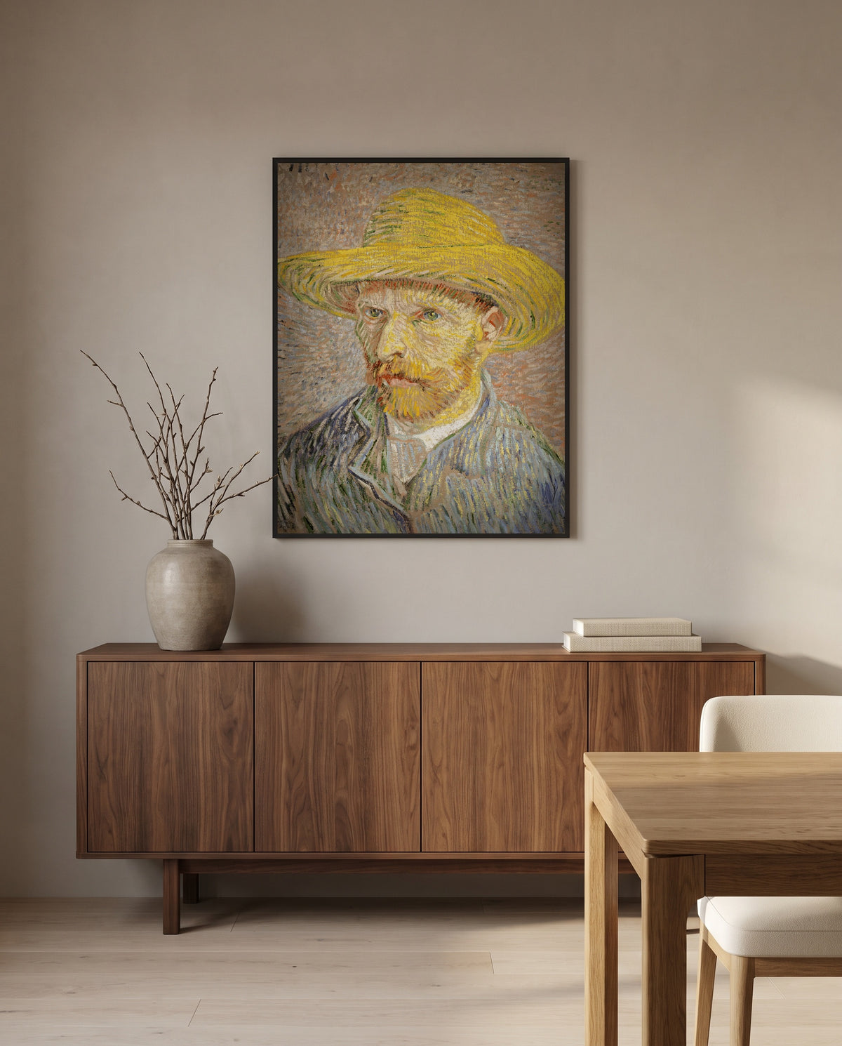 Self-Portrait with a Straw Hat by Vincent van Gogh in a black frame above a walnut sideboard in a dining room