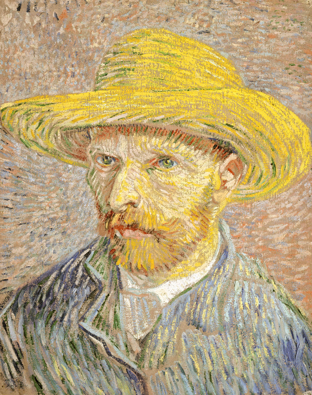 Self-Portrait with a Straw Hat by Vincent van Gogh: the artist in a yellow straw hat, red beard and blue smock