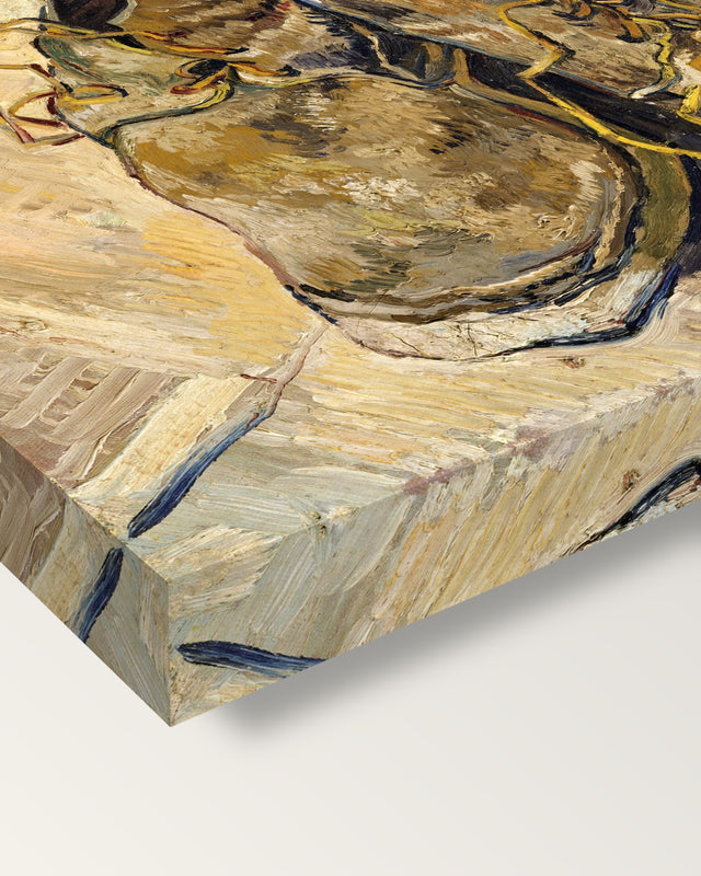 Shoes (1888) by Vincent van Gogh on stretched canvas, corner close-up: the painting mirror-wrapped round the sides