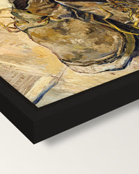 Shoes (1888) by Vincent van Gogh framed canvas, corner close-up: a black floating frame with a shadow gap round the canvas