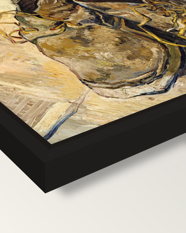 Shoes (1888) by Vincent van Gogh framed canvas, corner close-up: a black floating frame with a shadow gap round the canvas