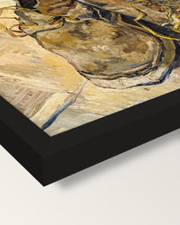 Shoes (1888) by Vincent van Gogh framed print, corner close-up: black moulding, mitred, the print set just below its edge