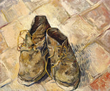 Shoes by Vincent van Gogh: a pair of worn brown boots with loose laces on a floor of red tiles laid in diagonals