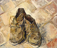Shoes by Vincent van Gogh: a pair of worn brown boots with loose laces on a floor of red tiles laid in diagonals