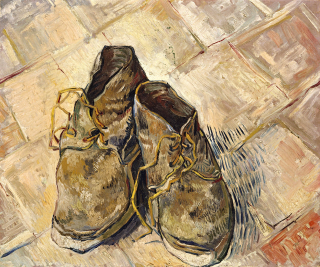 Shoes by Vincent van Gogh: a pair of worn brown boots with loose laces on a floor of red tiles laid in diagonals