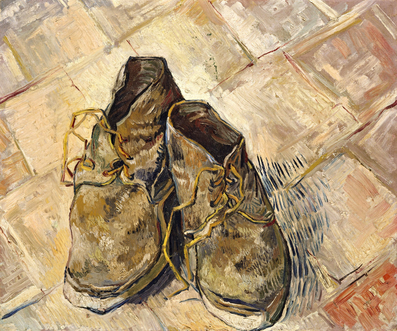 Shoes by Vincent van Gogh: a pair of worn brown boots with loose laces on a floor of red tiles laid in diagonals