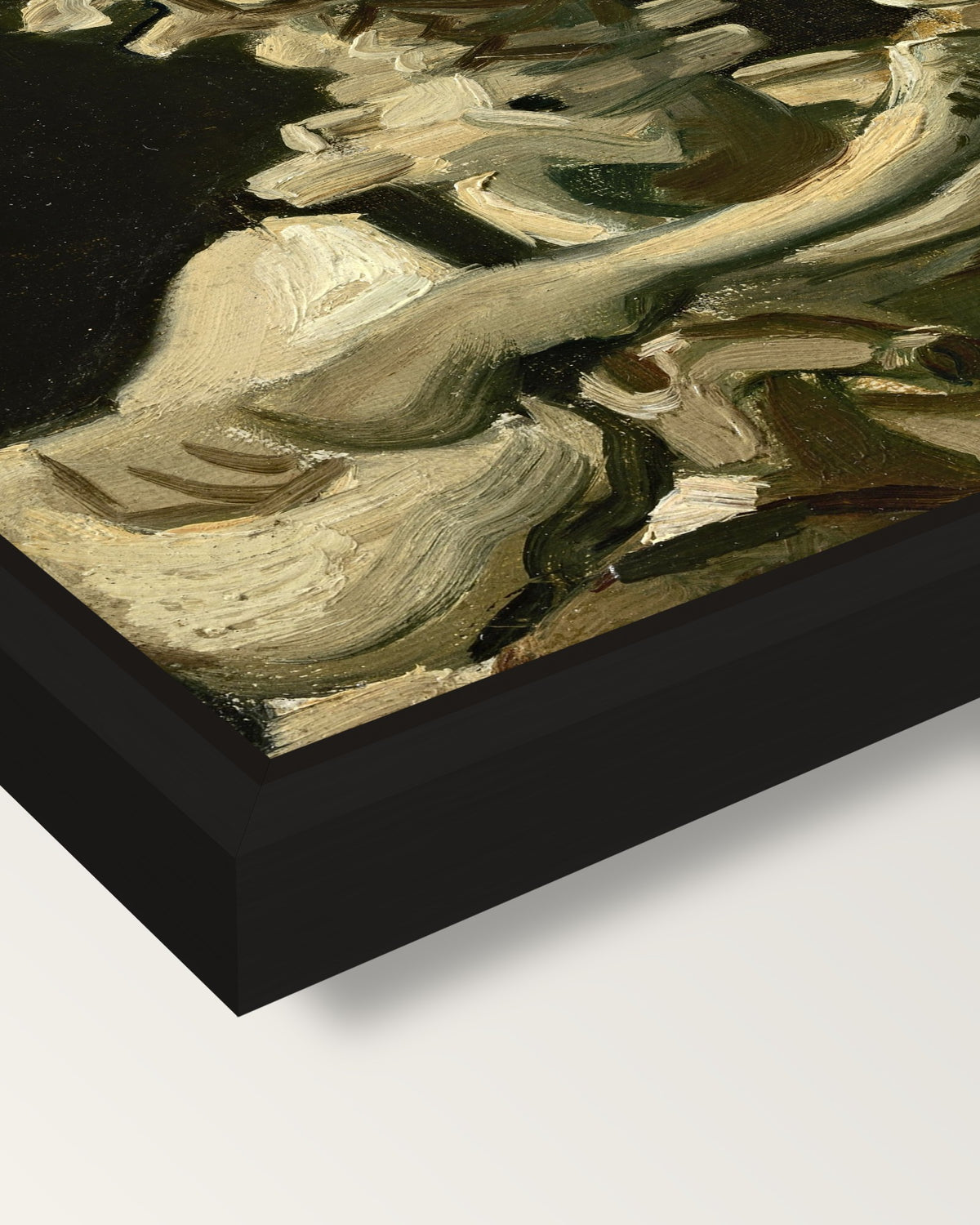 Skull with Burning Cigarette framed canvas, corner close-up: a black floating frame with a shadow gap round the canvas