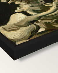 Skull with Burning Cigarette framed canvas, corner close-up: a black floating frame with a shadow gap round the canvas