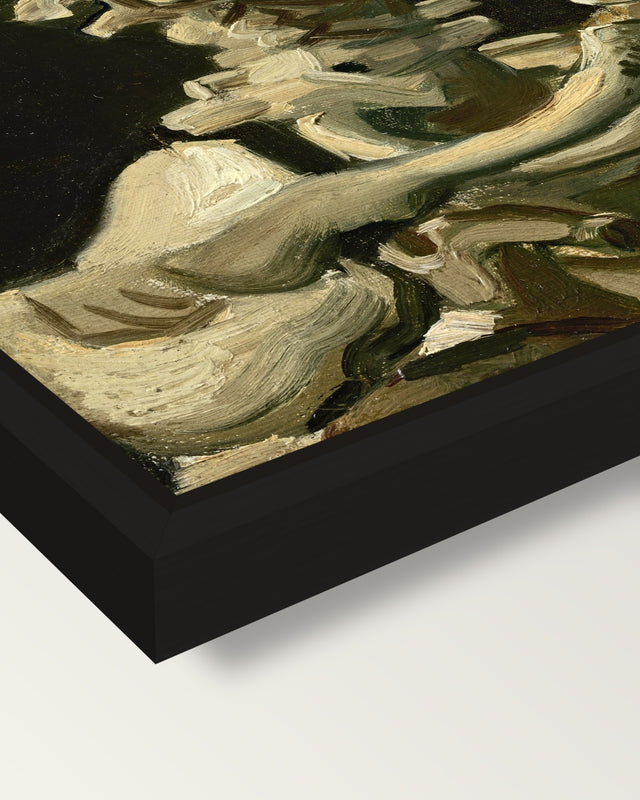 Skull with Burning Cigarette framed canvas, corner close-up: a black floating frame with a shadow gap round the canvas