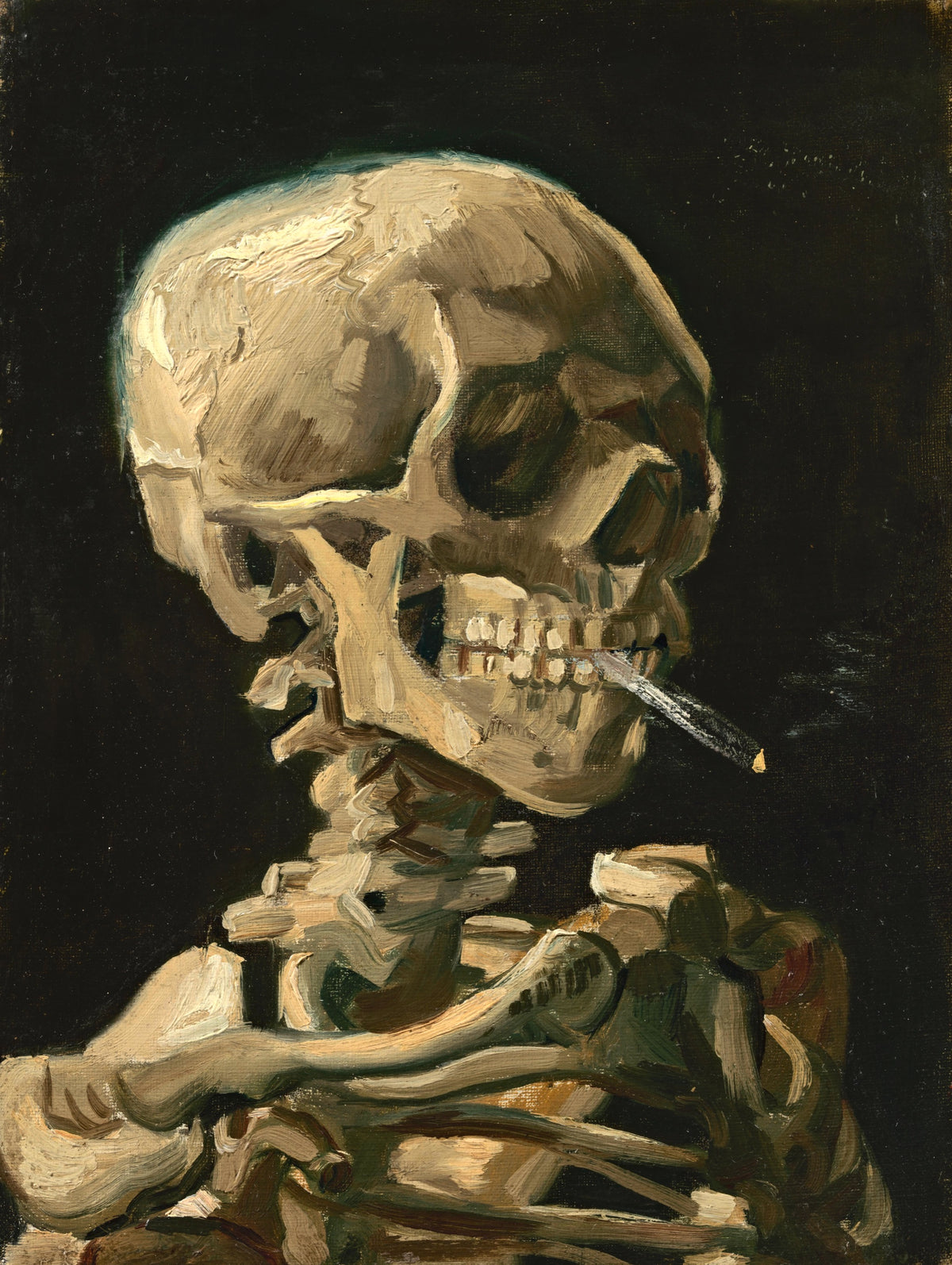 Skull of a Skeleton with Burning Cigarette by Vincent van Gogh: a skeleton with a lit cigarette between its teeth, on black
