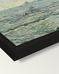 Snow-Covered Field with a Harrow framed canvas, corner close-up: a black floating frame with a shadow gap round the canvas