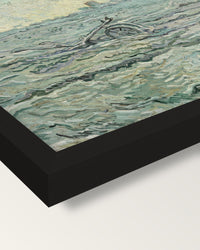 Snow-Covered Field with a Harrow framed print, corner close-up: black moulding, mitred, the print set just below its edge