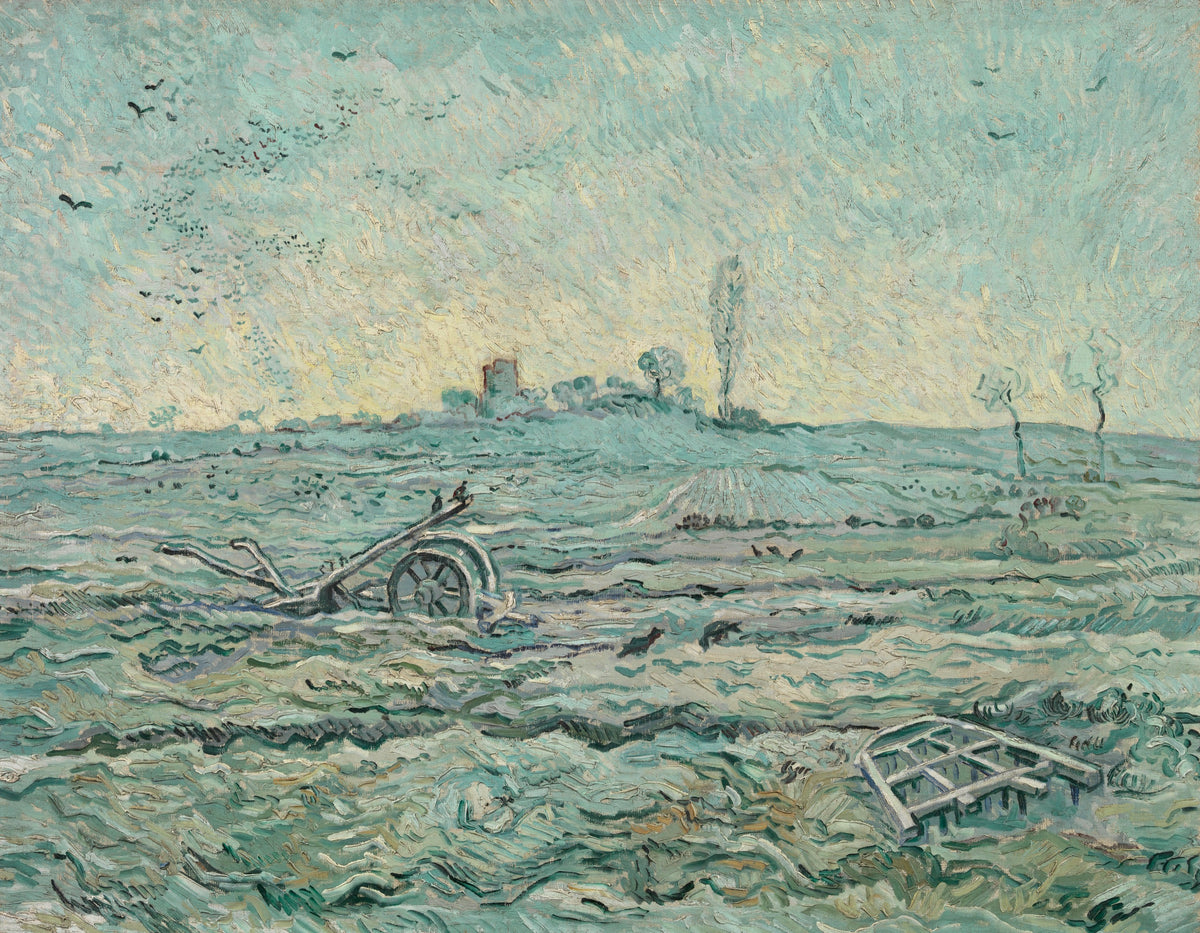 Snow-Covered Field with a Harrow by Vincent van Gogh: a harrow and plough left in a snowy field under a pale sky