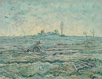 Snow-Covered Field with a Harrow by Vincent van Gogh: a harrow and plough left in a snowy field under a pale sky