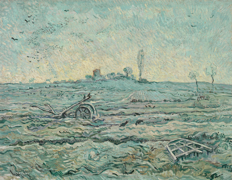 Snow-Covered Field with a Harrow by Vincent van Gogh: a harrow and plough left in a snowy field under a pale sky