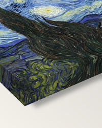 The Starry Night by Vincent van Gogh on stretched canvas, corner close-up: the painting mirror-wrapped round the sides