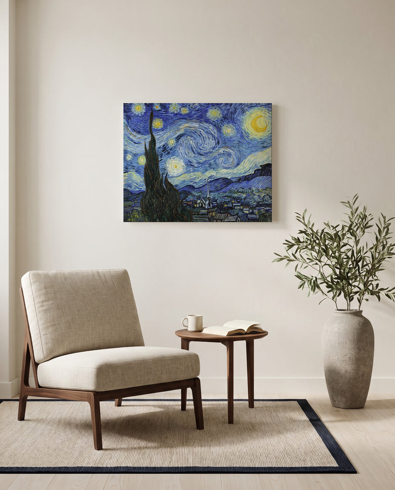 The Starry Night by Vincent van Gogh as a stretched canvas above a linen lounge chair in a reading corner