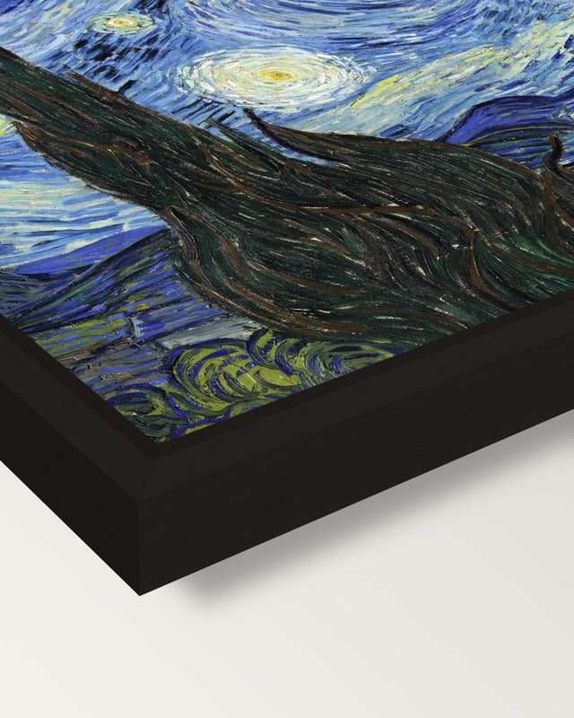 The Starry Night by van Gogh framed canvas, corner close-up: a black floating frame with a shadow gap round the canvas