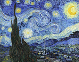 The Starry Night by Vincent van Gogh: a swirling blue night sky, crescent moon and stars over a village, a dark cypress