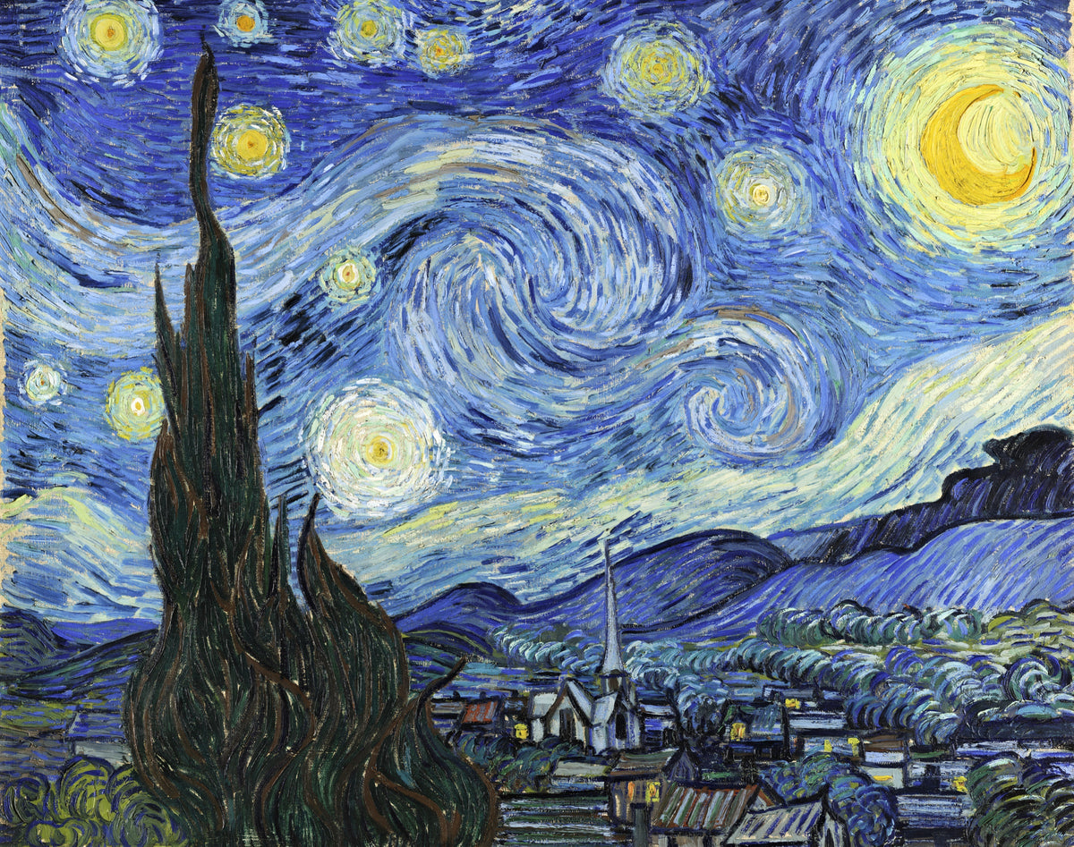 The Starry Night by Vincent van Gogh: a swirling blue night sky, crescent moon and stars over a village, a dark cypress