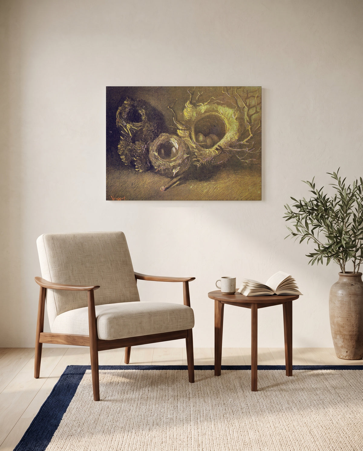 Three Birds’ Nests by Vincent van Gogh as a stretched canvas above a linen lounge chair in a reading corner