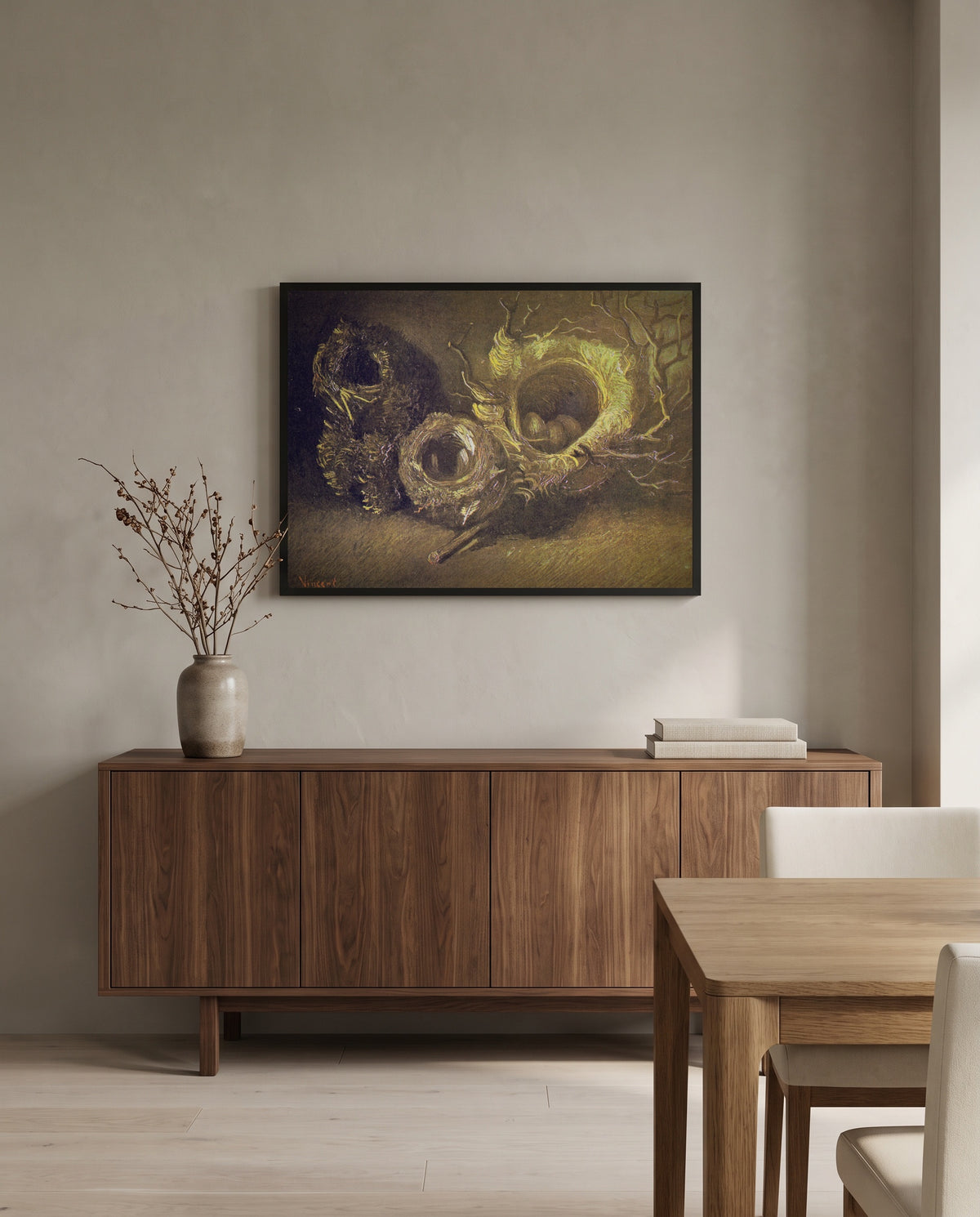 Three Birds’ Nests by Vincent van Gogh in a black frame above a walnut sideboard in a dining room
