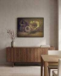 Three Birds’ Nests by Vincent van Gogh in a black frame above a walnut sideboard in a dining room