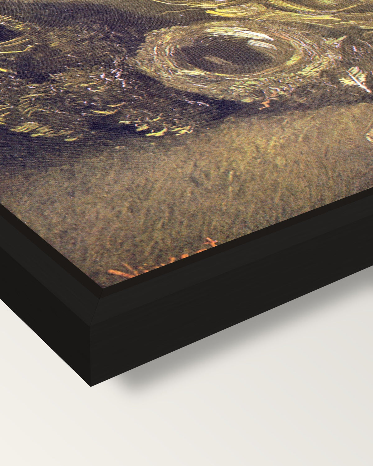 Three Birds’ Nests by van Gogh framed canvas, corner close-up: a black floating frame with a shadow gap round the canvas