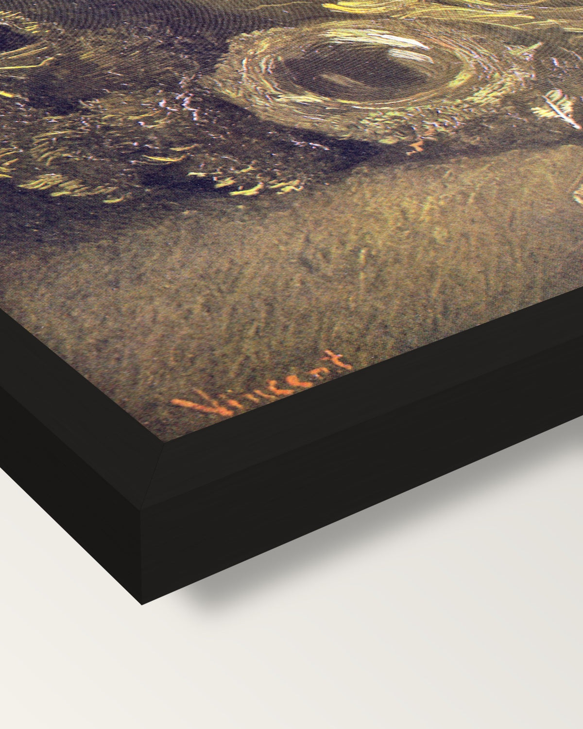 Three Birds’ Nests by van Gogh framed print, corner close-up: black moulding, mitred, the print set just below its edge