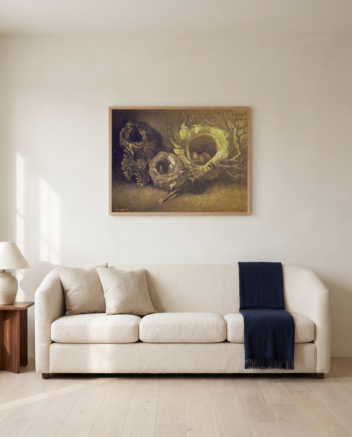 Three Birds’ Nests by Vincent van Gogh framed in natural oak above a cream sofa in a warm living room
