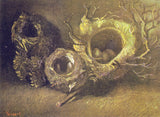 Still Life with Three Birds’ Nests by Vincent van Gogh: three nests of twigs and moss on a dark ground, one with eggs