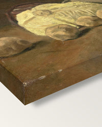 Cabbage and Clogs by Vincent van Gogh on stretched canvas, corner close-up: the painting mirror-wrapped round the sides