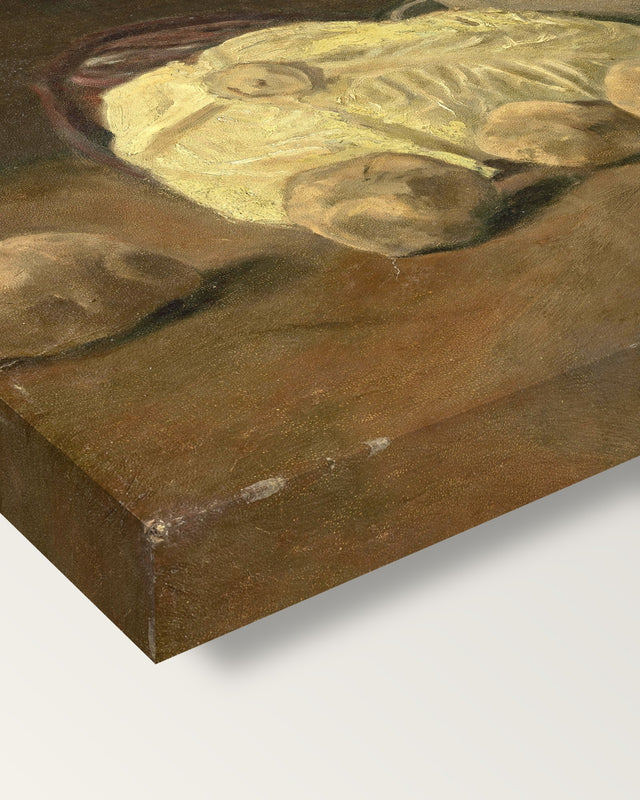 Cabbage and Clogs by Vincent van Gogh on stretched canvas, corner close-up: the painting mirror-wrapped round the sides