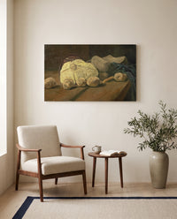 Cabbage and Clogs by Vincent van Gogh as a stretched canvas above a linen lounge chair in a reading corner