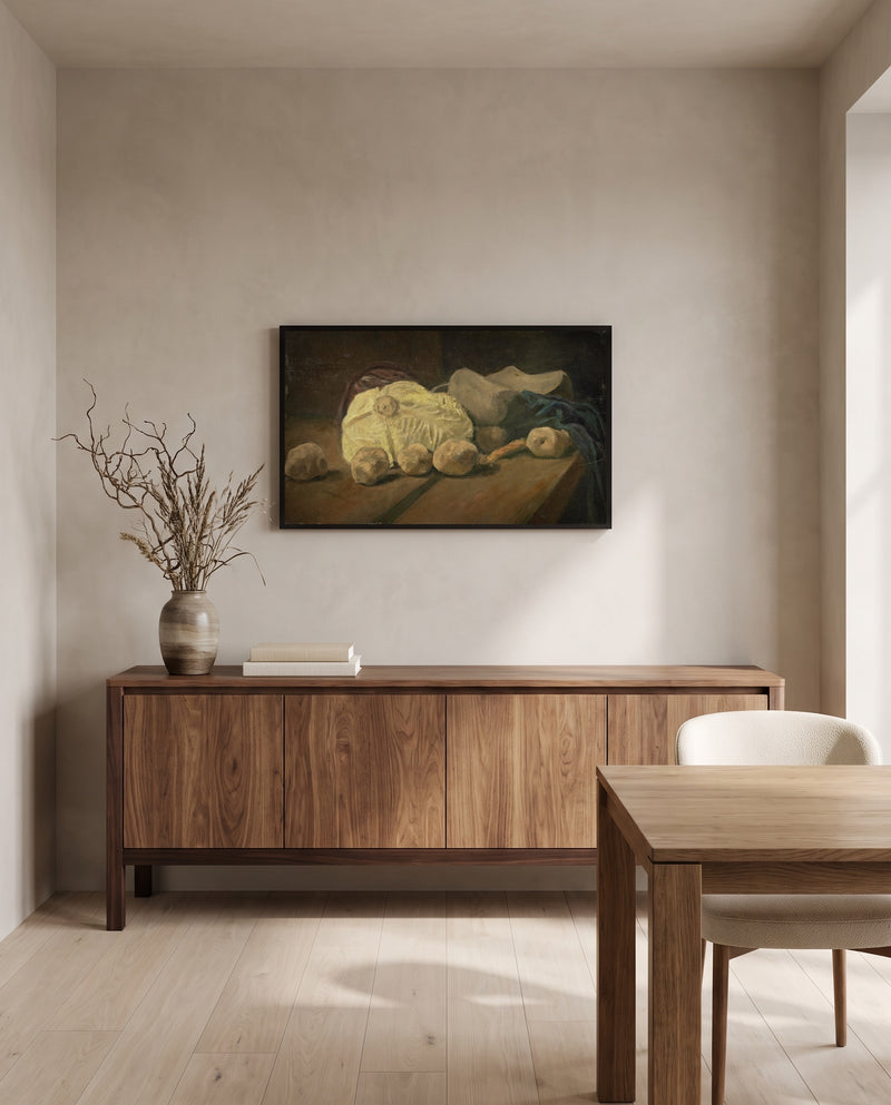Cabbage and Clogs by Vincent van Gogh in a black frame above a walnut sideboard in a dining room