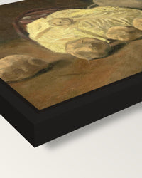 Cabbage and Clogs by van Gogh framed canvas, corner close-up: a black floating frame with a shadow gap round the canvas