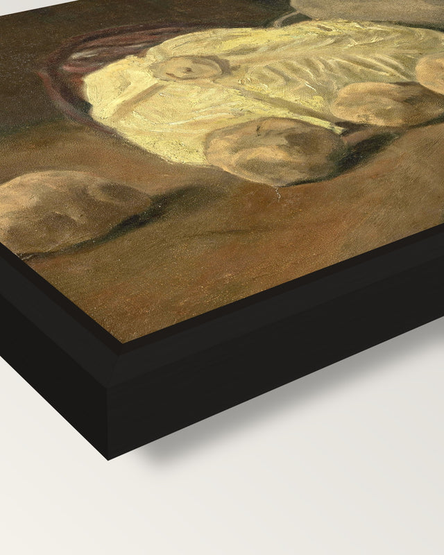Cabbage and Clogs by van Gogh framed canvas, corner close-up: a black floating frame with a shadow gap round the canvas