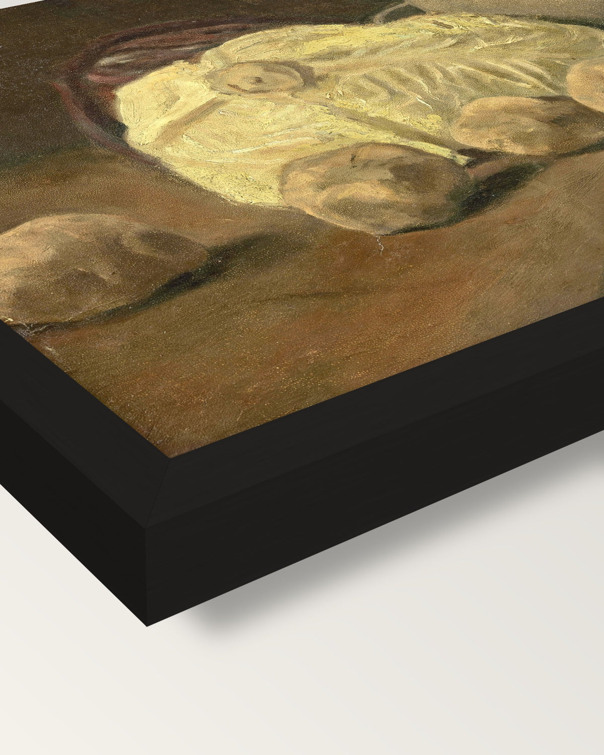Cabbage and Clogs by van Gogh framed print, corner close-up: black moulding, mitred, the print set just below its edge