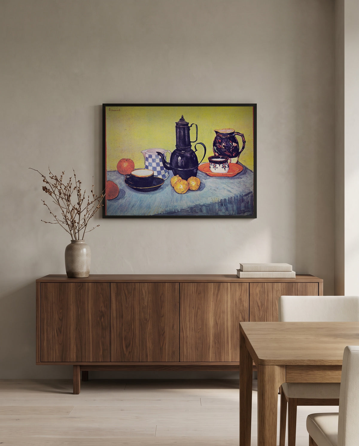 Still Life with Coffee Pot by Vincent van Gogh in a black frame above a walnut sideboard in a dining room