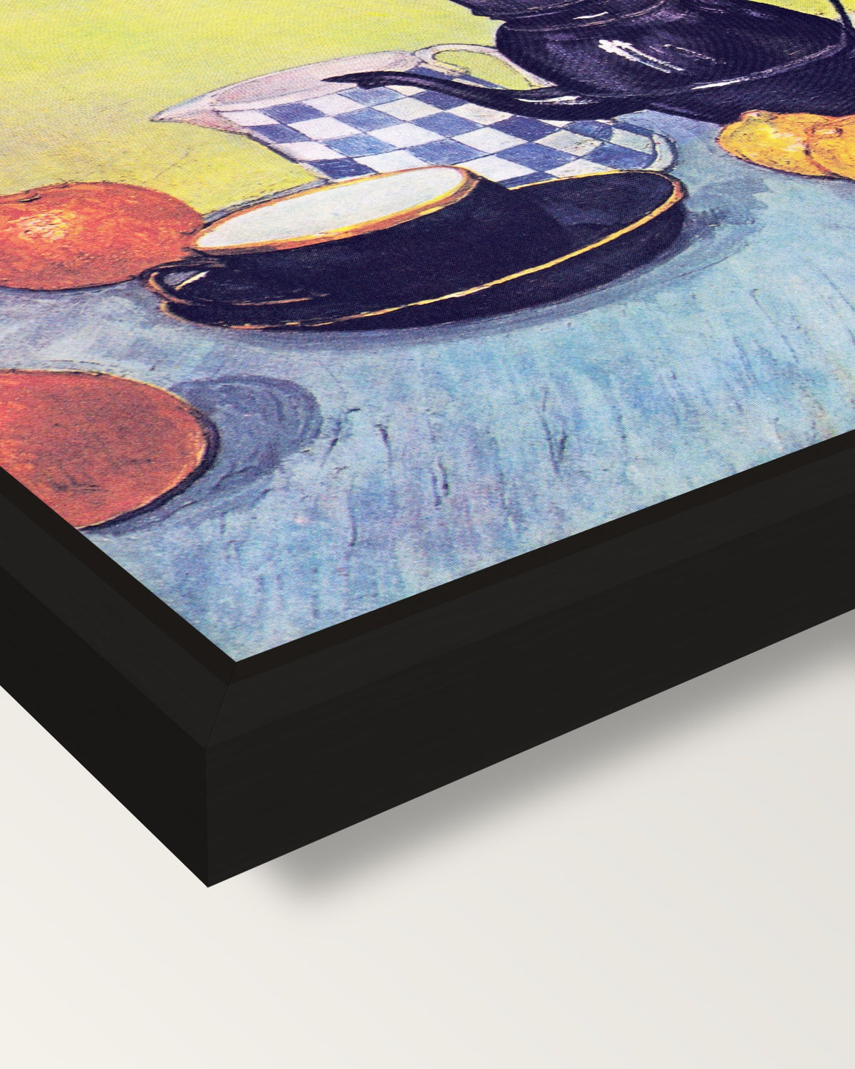 Still Life with Coffee Pot framed canvas, corner close-up: a black floating frame with a shadow gap round the canvas