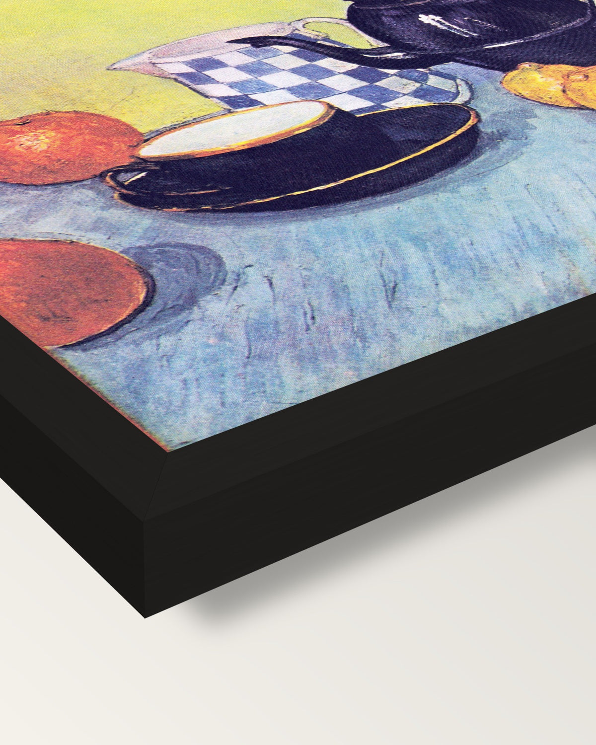 Still Life with Coffee Pot framed print, corner close-up: black moulding, mitred, the print set just below its edge